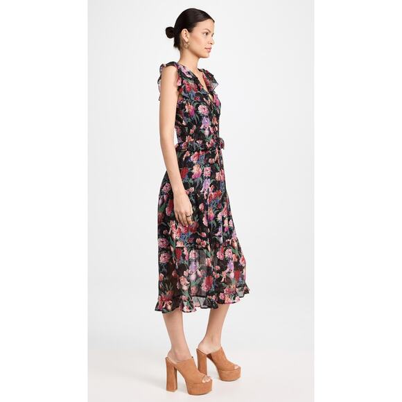 PAIGE NWOT Paradise Floral Silk Chiffon Flutter Sleeve Smocked Tiered Midi Dress - Picture 3 of 12